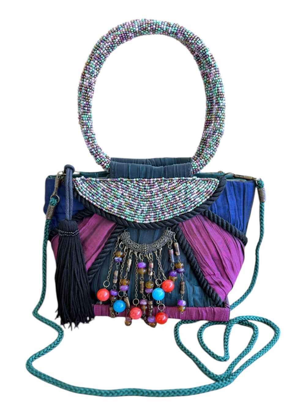 Boho Beaded Top Handle Bag Y2K Jewel Tone Mini Purse Festival Tassel Statement